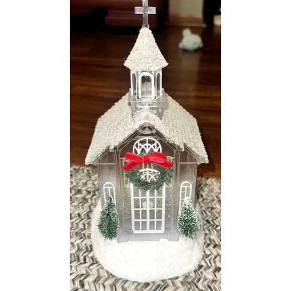 Christmas Glitter Snow Globe White Snowy Pines 12" Church LED Battery Operated - Picture 1 of 12